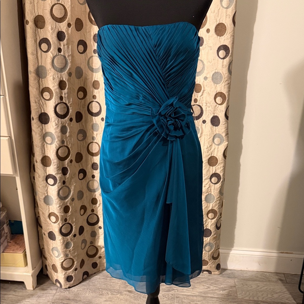 Adrianna Papell Teal Strapless Chiffon Cocktail Dress with Rosette Detail